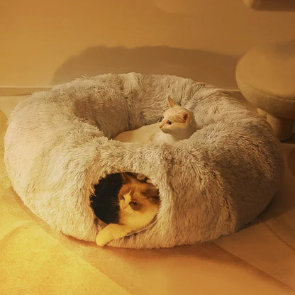 2 in 1 round Cat Beds House Funny Cat Tunnel Toy Soft Long Plush Dog Bed for Small Dogs Basket Kittens Bed Mat Kennel Deep Sleep