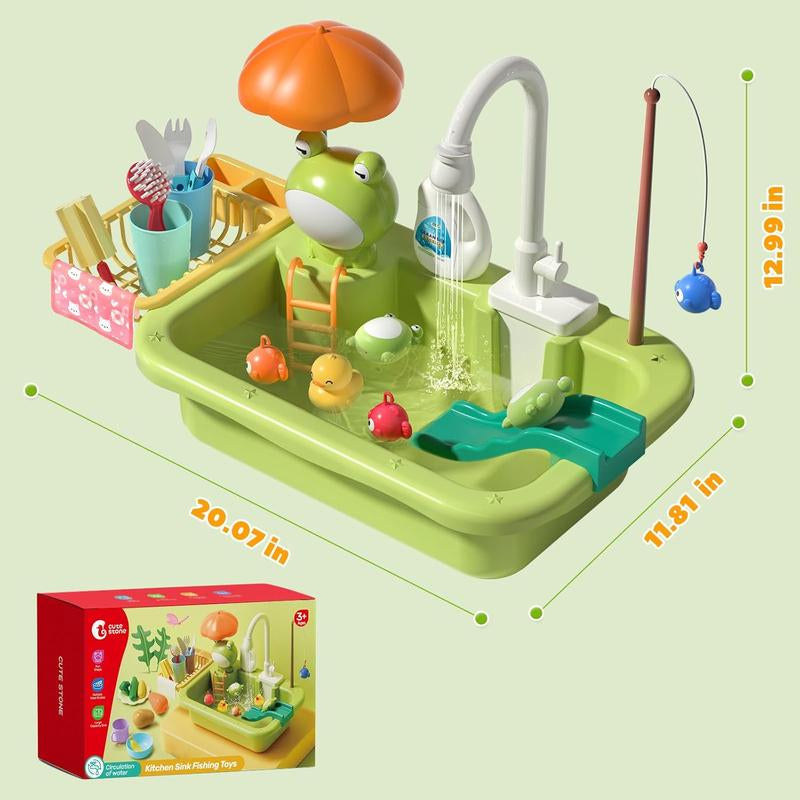 CUTE STONE Play Sink with Running Water,Sink Toys with Upgraded Electric Faucet, Pool Floating Fishing Toys for Water Play, Realistic Cookingset Toys