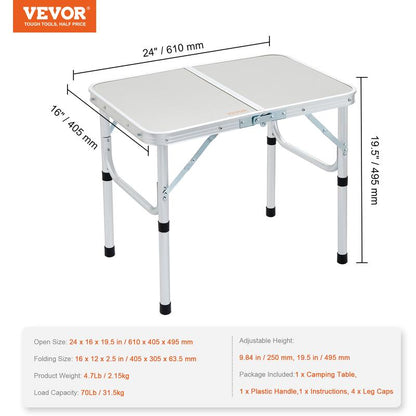 VEVOR Folding Camping Table, Adjustable Height Outdoor Portable Side Tables, Lightweight Fold up Table, Aluminum & MDF Ultra Compact Work Table, for Cooking, Beach, Picnic, Travel, 24X16 Inch, Silver