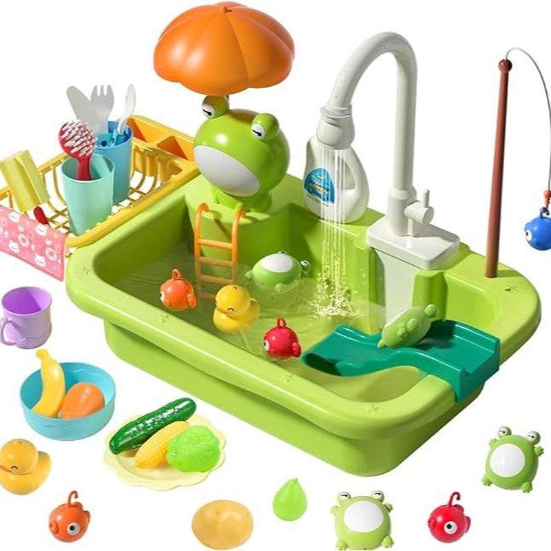 CUTE STONE Play Sink with Running Water,Sink Toys with Upgraded Electric Faucet, Pool Floating Fishing Toys for Water Play, Realistic Cookingset Toys