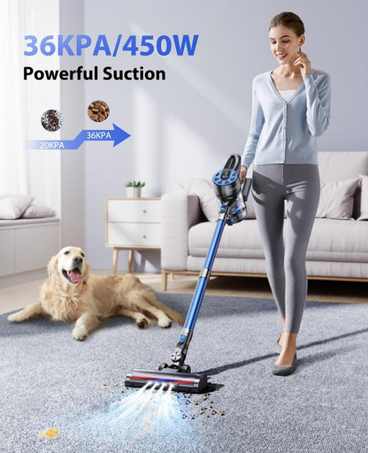 Cordless Vacuum Cleaner, Power Stick Vacuum 450W 36Kpa with Long Runtime Detachable Battery, Vacuum Cleaner with LED Display Lightweight