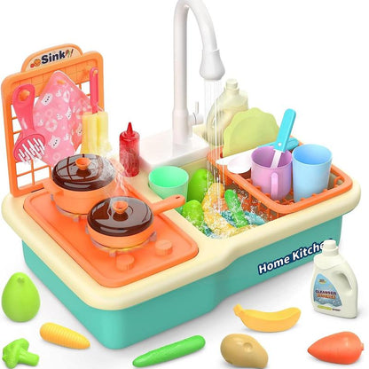 CUTE STONE Play Sink with Running Water,Sink Toys with Upgraded Electric Faucet, Pool Floating Fishing Toys for Water Play, Realistic Cookingset Toys