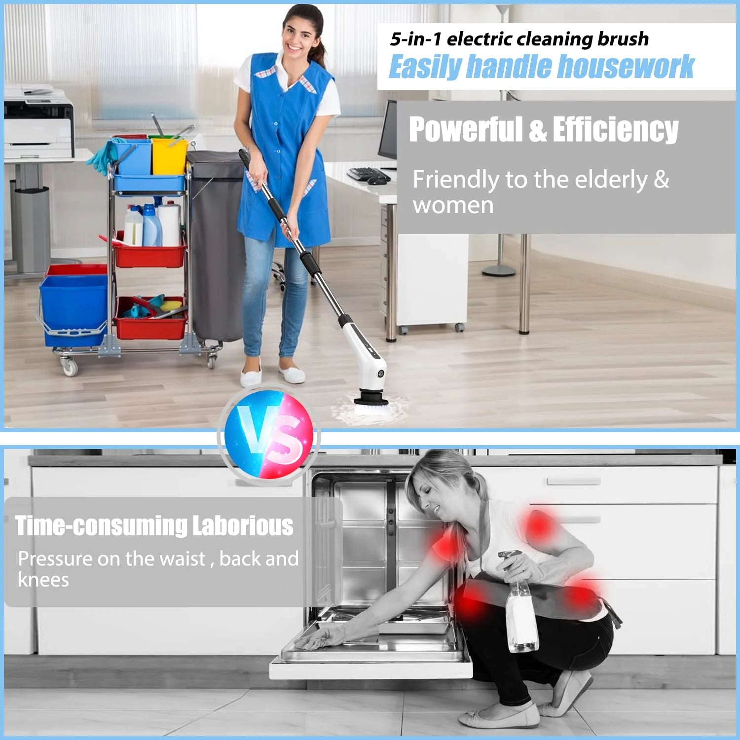 Flnelien Electric Spin Scrubber Cordless Bathroom Cleaning Brush 7 Brush Heads 48In Extension Handle