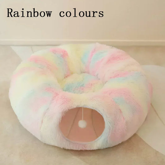 2 in 1 round Cat Beds House Funny Cat Tunnel Toy Soft Long Plush Dog Bed for Small Dogs Basket Kittens Bed Mat Kennel Deep Sleep